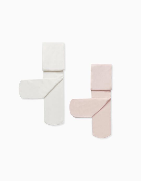 Pack 2 Collants de Microfibra para Bebé Menina, Branco/Rosa Claro