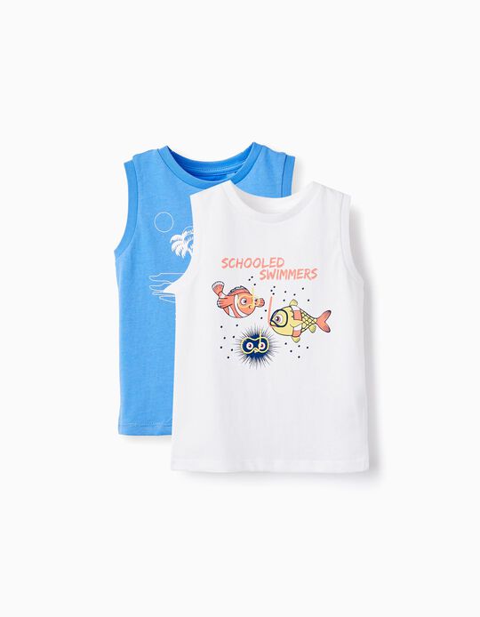 2 T-shirts de Manga Cava para Bebé Menino 'Sea You', Branco/Azul