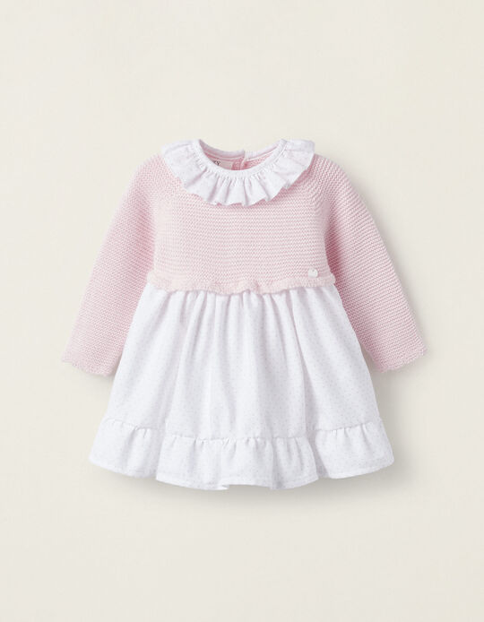 Combined Knit Dress for Newborns, Pink/White