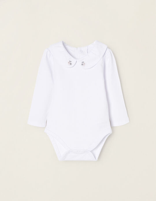 Cotton Bodysuit for Newborn Baby Girls 'Flowers', White