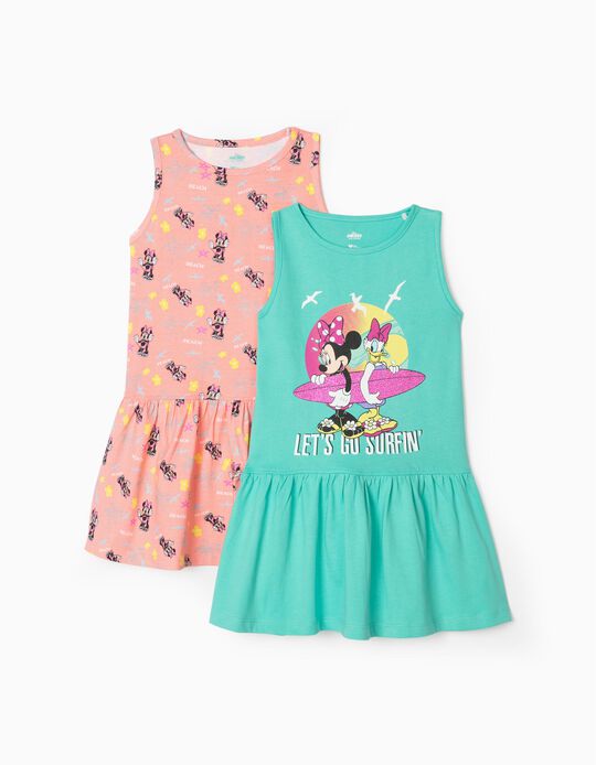 2 Sleeveless Dresses for Girls 'Minnie', Coral/Aqua Green