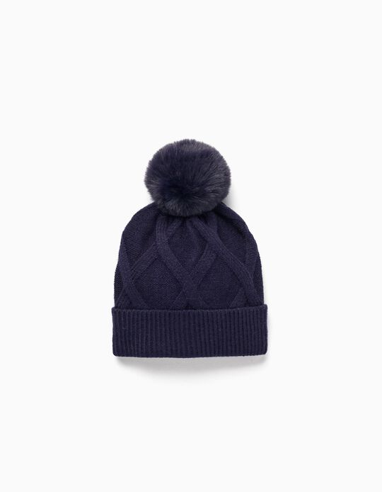 Knitted Beanie with Pompom for Girls, Dark Blue