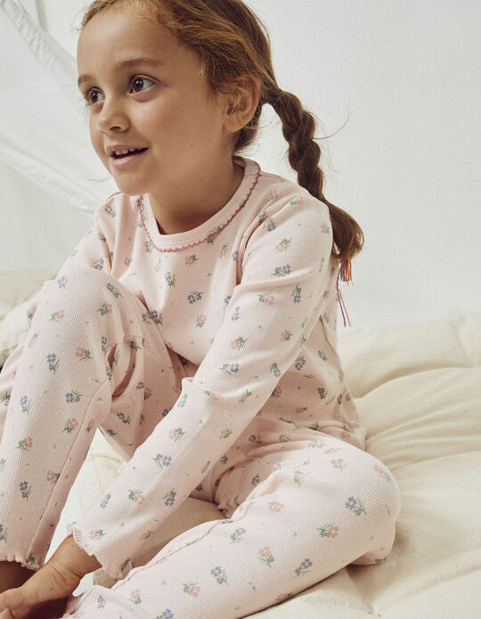 Pijama Floral Canelado em Algodão para Menina, Rosa