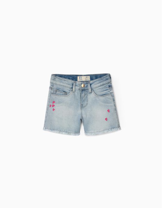 Denim Shorts with Hearts Pattern for Girls, Light Blue