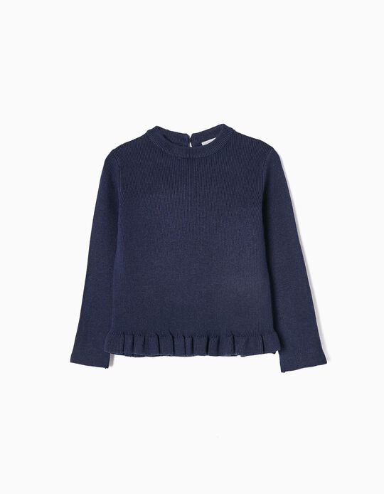 Ribbed Jumper with Ruffles for Girls, Dark Blue