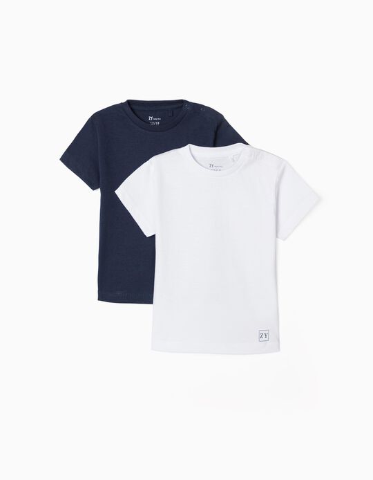 2 Plain T-Shirts for Baby Boys, White/Dark Blue