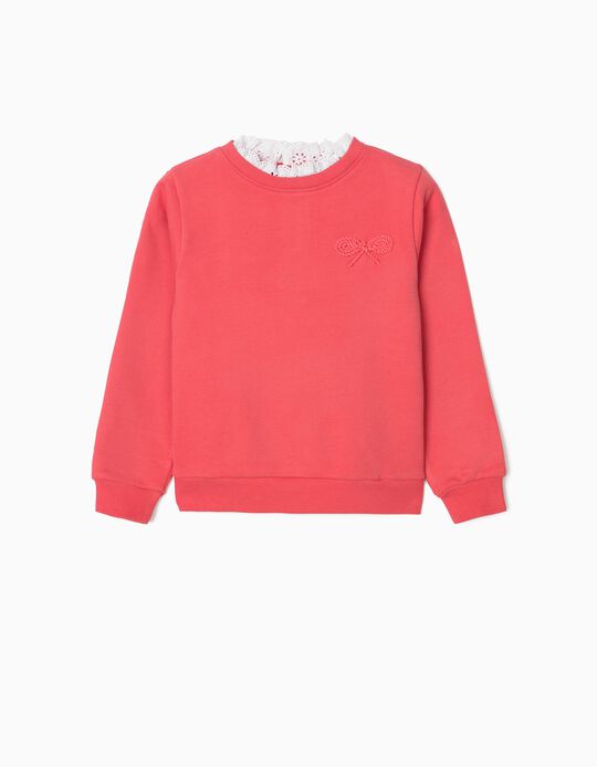 Sweat-Shirt Col Broderie Anglaise Fille, Rose