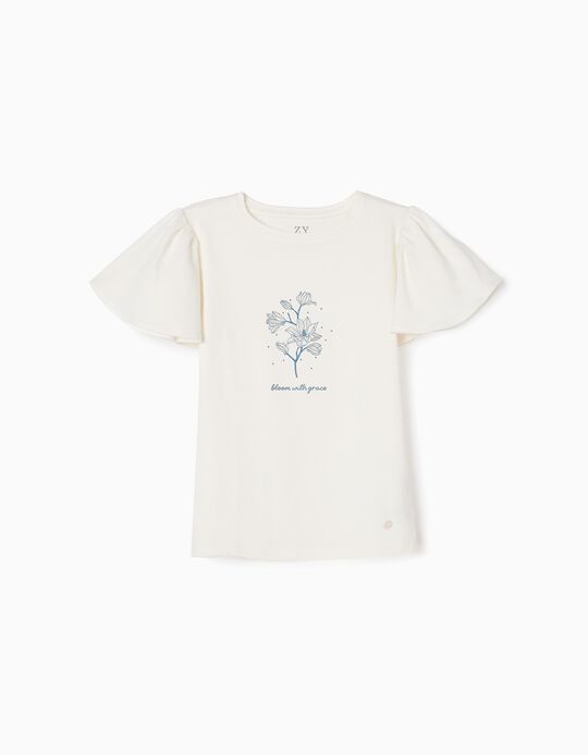 T-shirt en Coton avec Volants et Paillettes Fille, Blanc