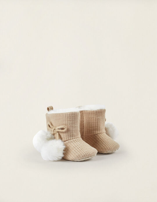 Boots with Fleece Lining and Pom-Poms for Newborns, Beige/White