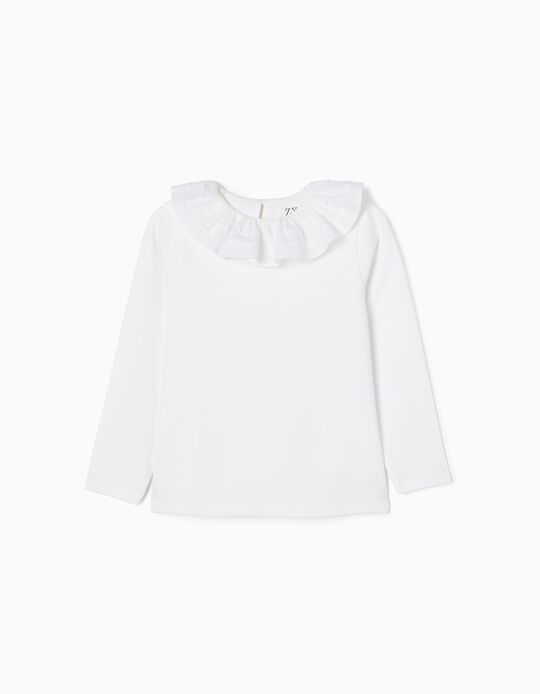 Long Sleeve Cotton T-shirt with Frill Collar for Girls, White
