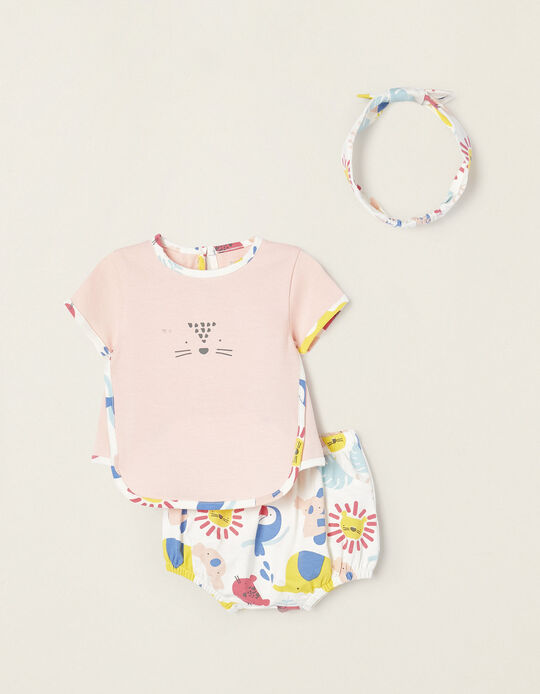 T-shirt + Tapa-Fralda para Recém-Nascida 'Animais', Rosa/Branco