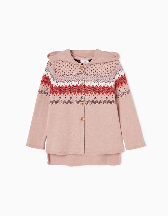 Hooded Cardigan with Jacquard for Girls, Pink