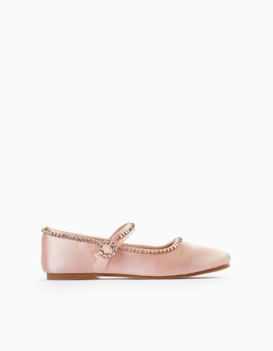 Satin Ballet Flats with Sparkles for Girls, Light Pink