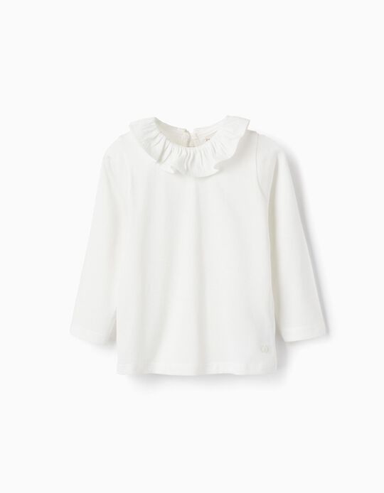 T-shirt de Manga Comprida com Gola de Folhos para Bebé Menina, Branco