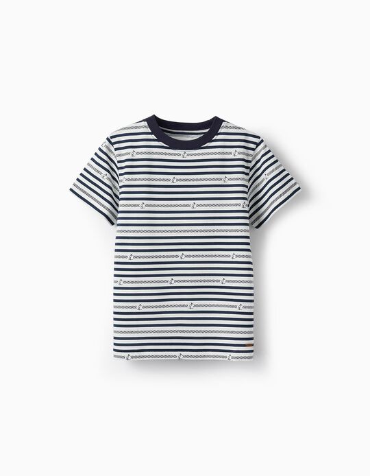 T-Shirt de Algodão às Riscas para Menino 'Cegonhas', Branco/Azul Escuro