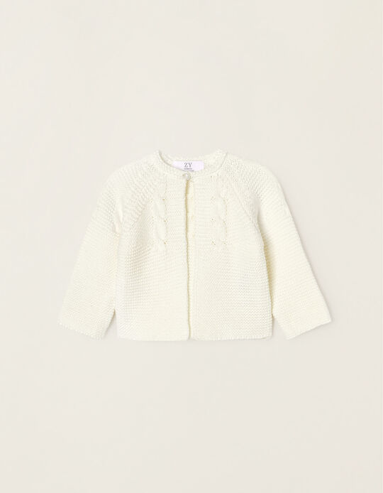 Knit Cardigan with Button for Newborn Baby Girls, White