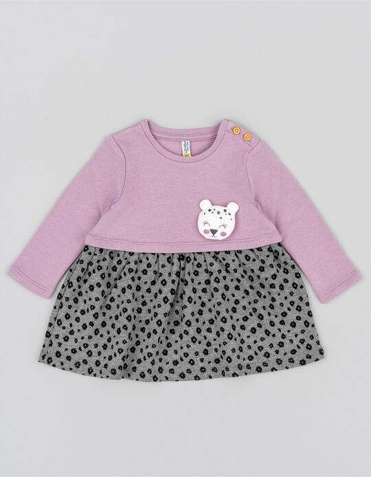 Vestido Combinado com Leopardo 3D para Bebé Menina, Lilás/Cinza