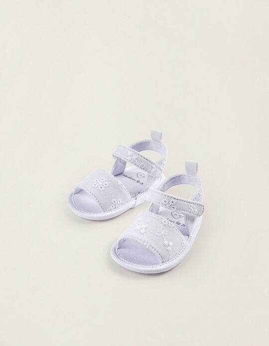 Sandals with Floral Embroidery for Newborn Girls, White