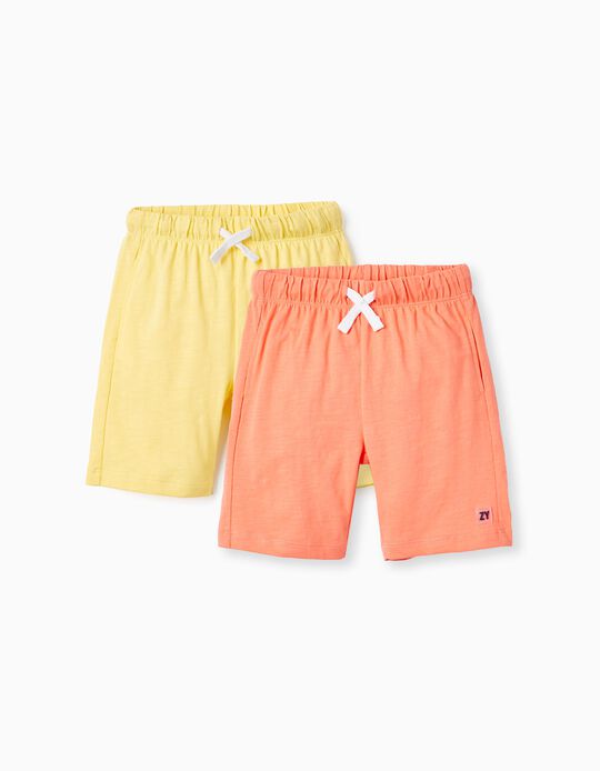 2 Cotton Jersey Shorts for Boys, Yellow/Coral