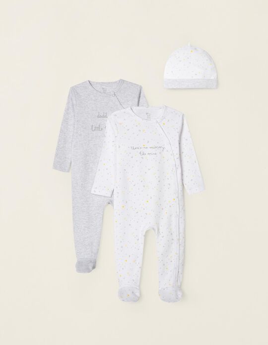 2 Sleepsuits + Beanie for Babies ''Mummy & Daddy', White/Grey