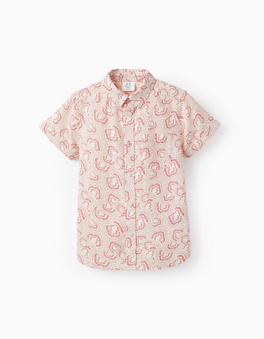 Cotton Shirt with Tropical Pattern for Boys, Pink/Beige