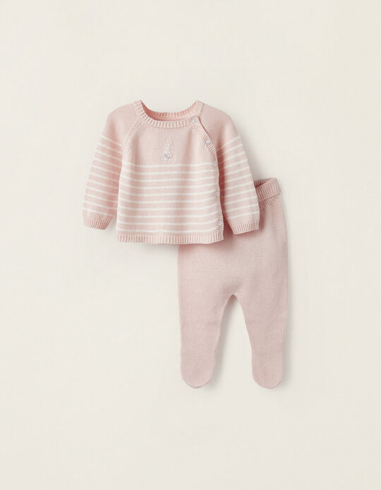 Sweatshirt + Trousers with Feet in Knit for Newborn Girls, White/Pink