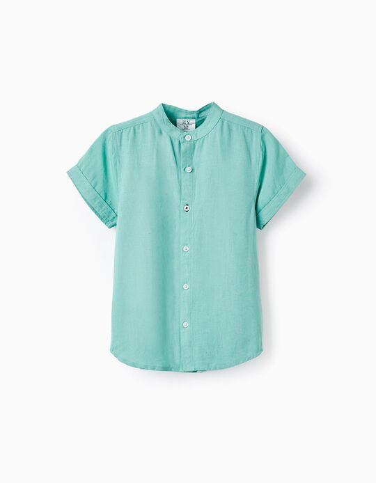 Shirt in Linen Blend with Mao Collar for Boys, Green