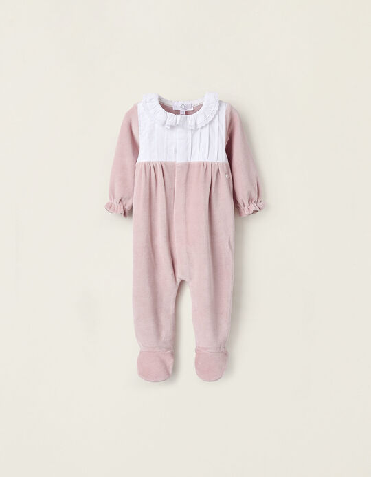 Comprar Online Babygrow de Veludo com Folhos e Bordado Inglês para Recém-Nascida, Rosa