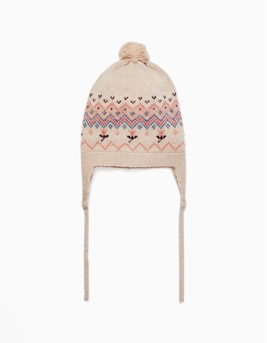 Knit Beanie with Jacquard and Pompom for Baby Girls, Beige
