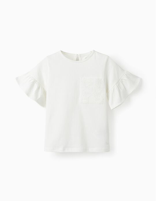 T-shirt à manches courtes avec poche et broderie pour fille, Blanc