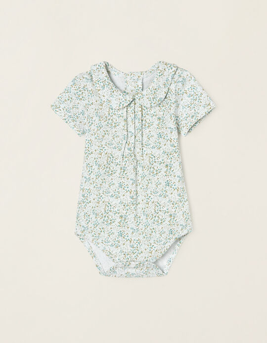 Floral Cotton Bodysuit for Newborn Baby Girls, White/Aqua Green
