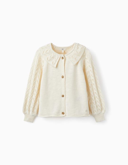 Cotton Cardigan with Open Knit Details for Girls 'B&S', Ecru