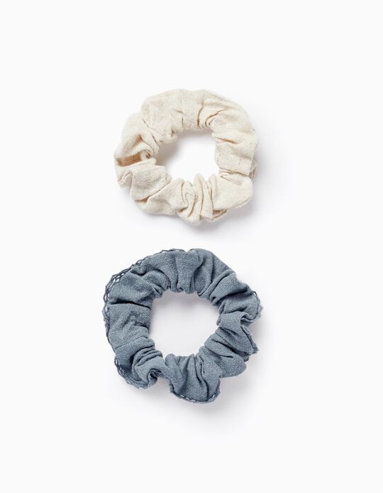 Pack of 2 Scrunchie Hair Ties for Baby and Girl, Blue/Beige