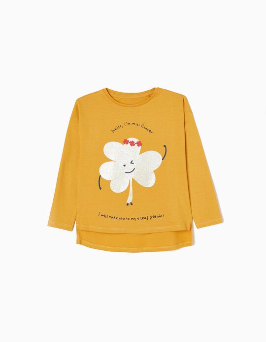 Long Sleeve Cotton T-shirt for Girls 'Miss Clover', Yellow