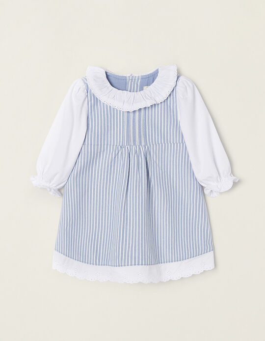 Striped Dress with Cotton Lining for Newborn Baby Girls, White/Blue
