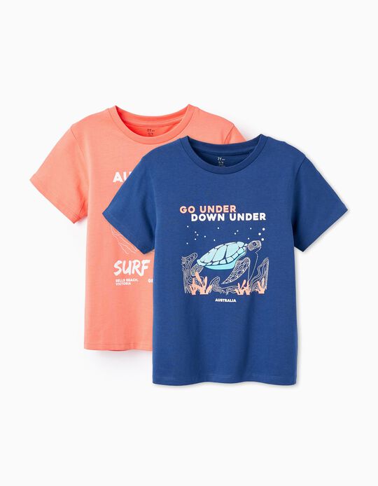 Comprar Online 2 T-shirts de Algodão para Menino 'Surf Club', Coral/Azul Escuro