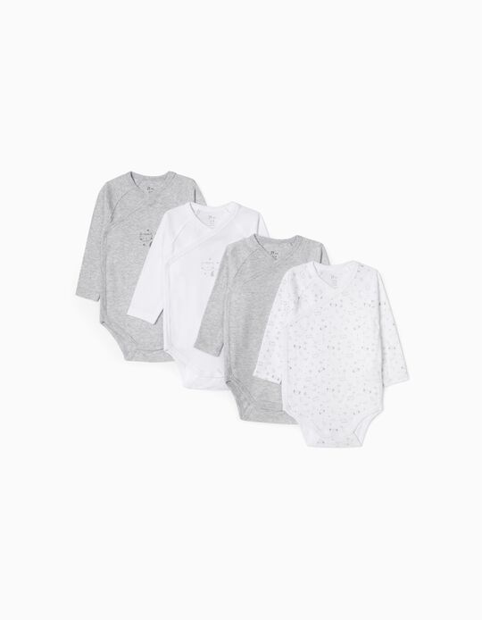 4 Long Sleeve Bodysuits for Babies, White/Grey