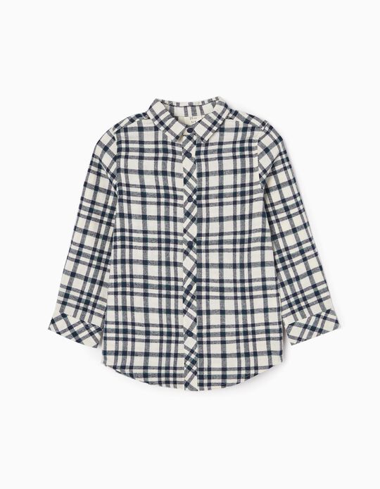 Plaid Shirt in Cotton Flannel for Boys, White/Dark Blue