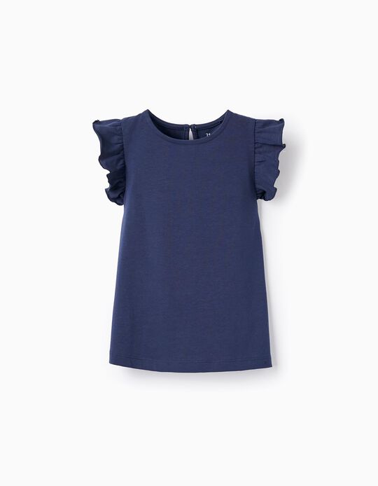 Comprar Online T-shirt de Algodão com Folhos para Menina, Azul Escuro