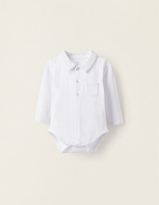 Cotton Long Sleeve Bodysuit for Newborns, White