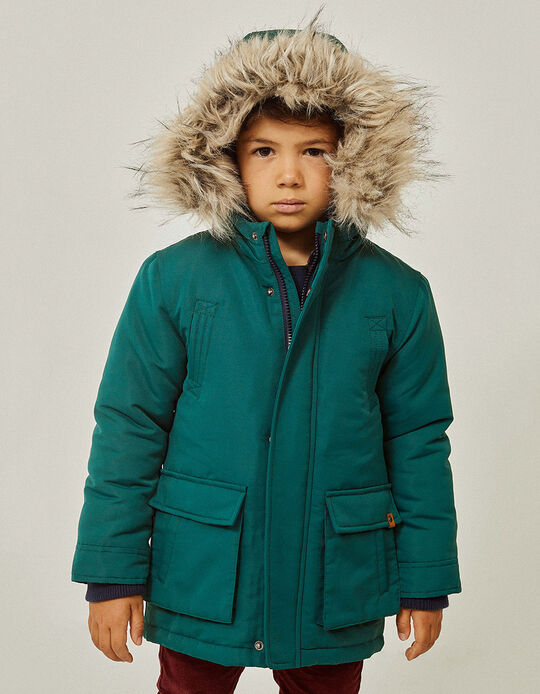 Quilted Parka with Sherpa Lining and Hood for Boys, Green