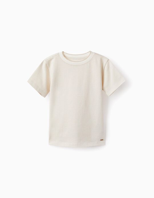 T-shirt às Riscas para Menino, Branco/Bege