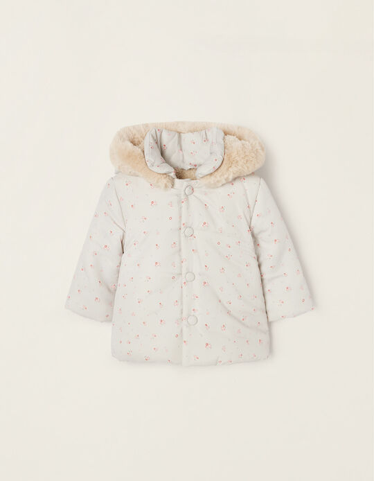 Jacket with Plush Lining and Detachable Hood for Newborn Baby Girls, Beige