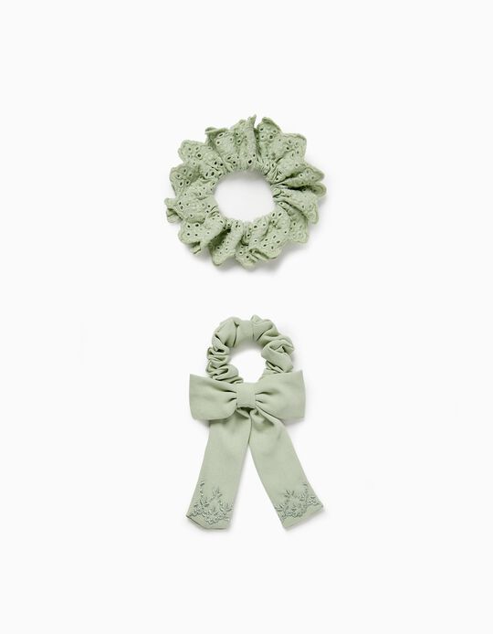 2-Pack Scrunchies with Broderie Anglaise for Babies and Girls, Green