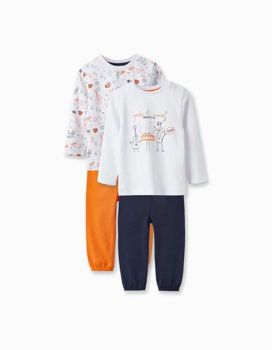 Pack of 2 Cotton Pyjamas for Baby Boys, White/Orange/Dark Blue