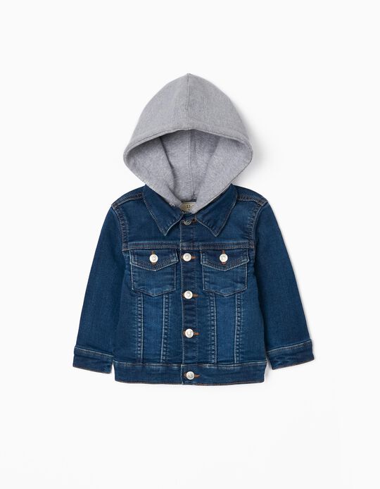 Denim Jacket with Detachable Hood for Baby Boys, Blue/Grey