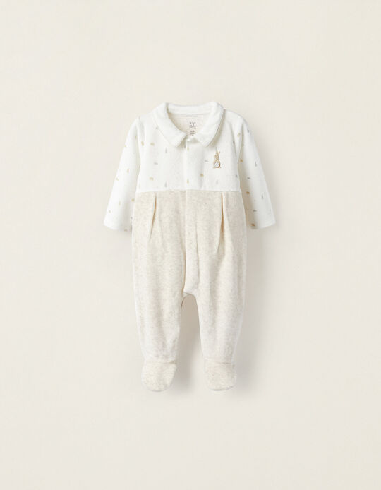 Velvet Babygrow for Newborn Boys, Beige/White