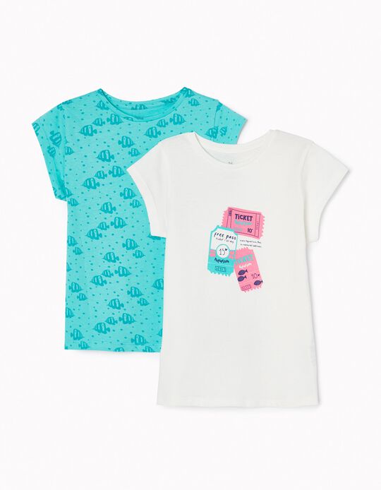 Pack 2 T-shirts em Algodão 'Aquarium' para Menina, Branco/Verde