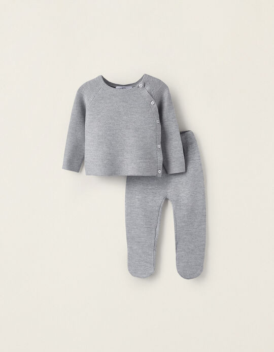 Set of Cashmere Sweater + Trousers with Feet for Newborn Boys, Grey