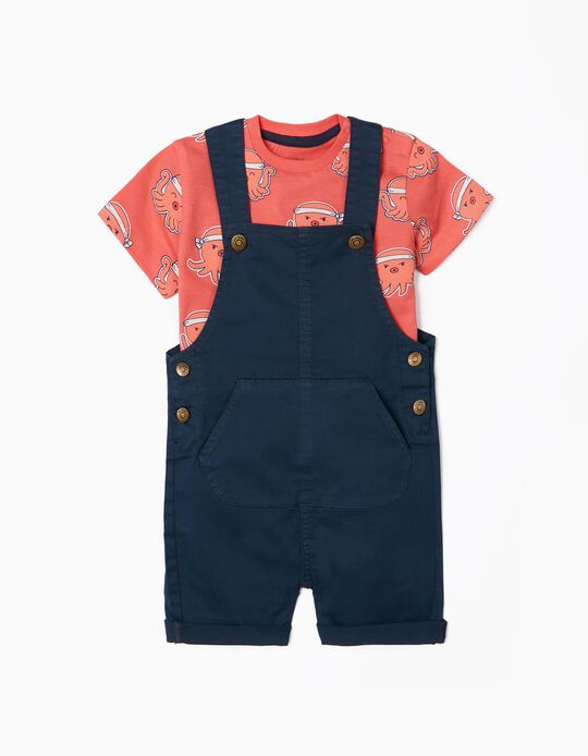Dungarees + T-Shirt for Baby Boys 'Octopus', Coral/Dark Blue